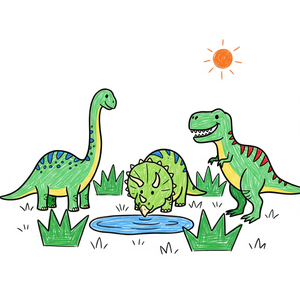 Dinosaurs Gathered Peacefully at a Watering Hole